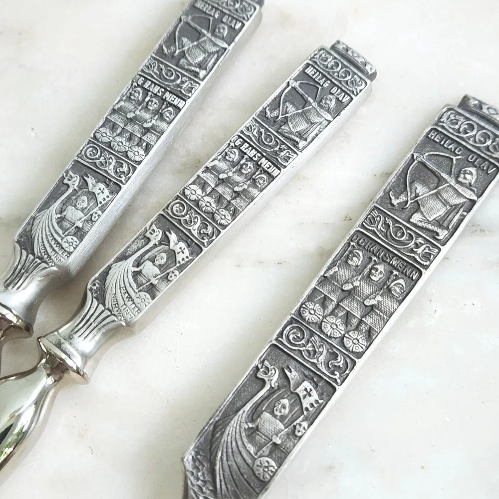 Vintage Heilag‎ Olav Pewter Norway Viking Nutcracker Spoon Set Norse Boat Motif